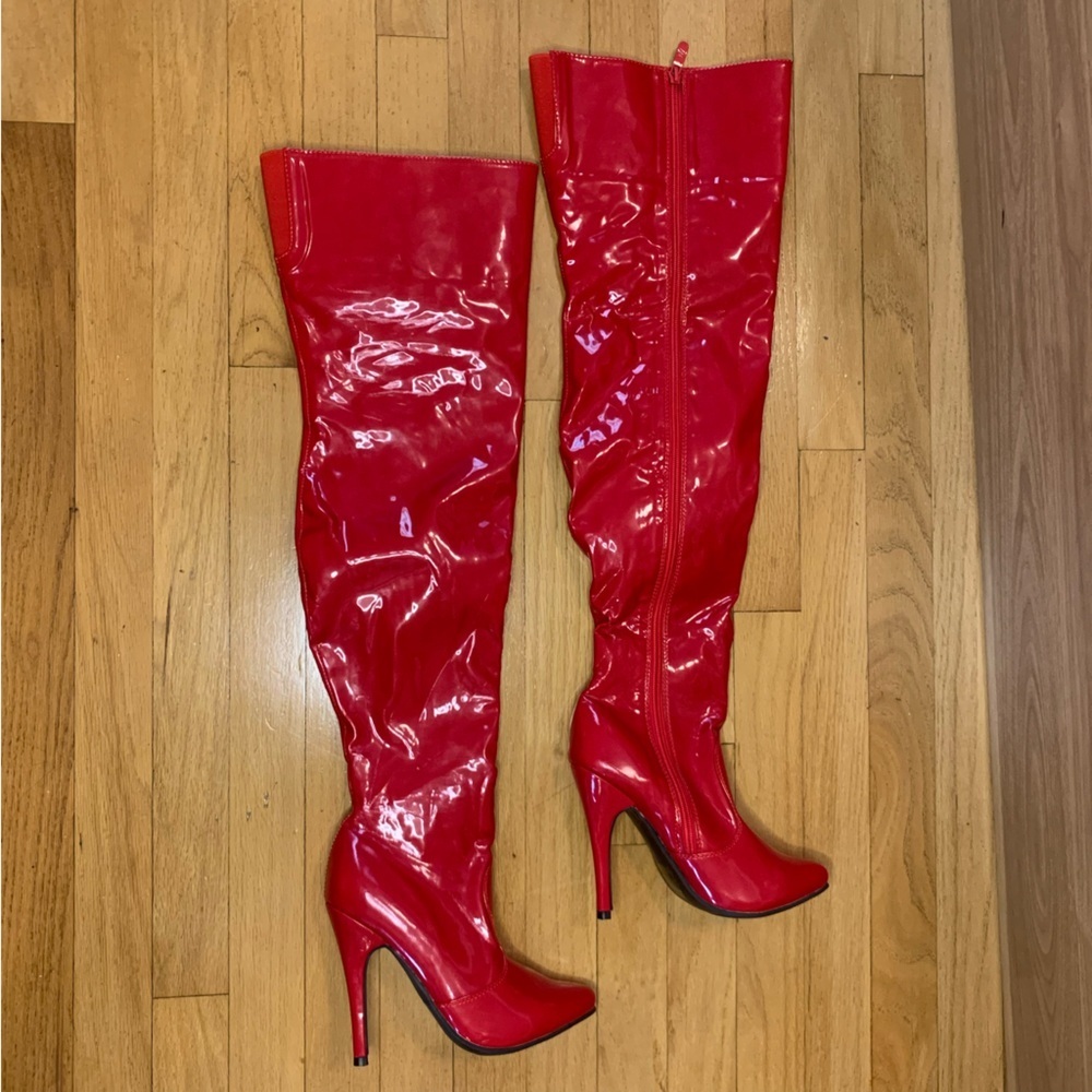 Ellie Thigh High Red High Heel Boots - Size 7